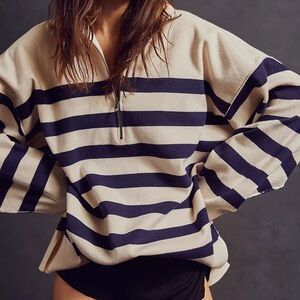 Free People Coastal Stripe Pullover in Champagne Navy Combo